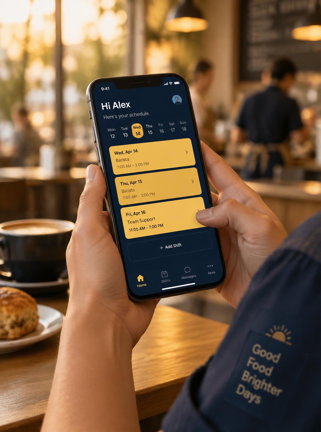 En anställd som tittar på sitt schema i Personalvyn-appen på telefonen